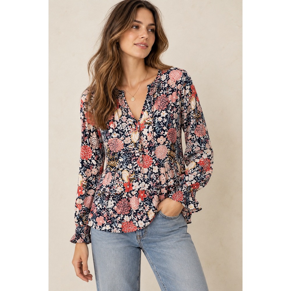 Maeve Anthropologie Floral Peplum Boho Blouse Navy Pink Orange XS Smocked Cuffs